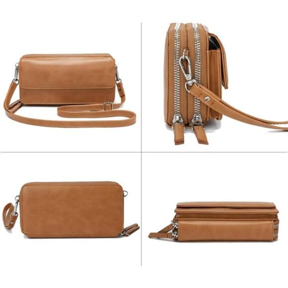 Crossbody Wallet Wristlet Purse Vegan Leather Camel - Picture 4 of 6